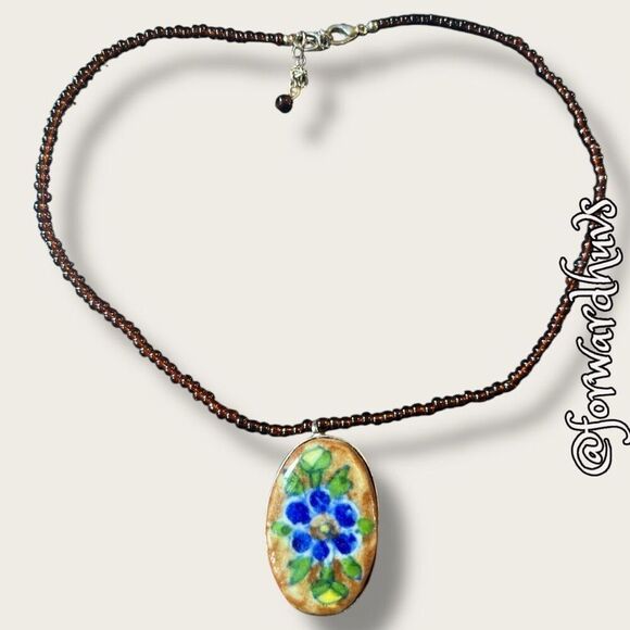 Hand Painted Pendant Necklace with Seed Bead Chain - Picture 1 of 12
